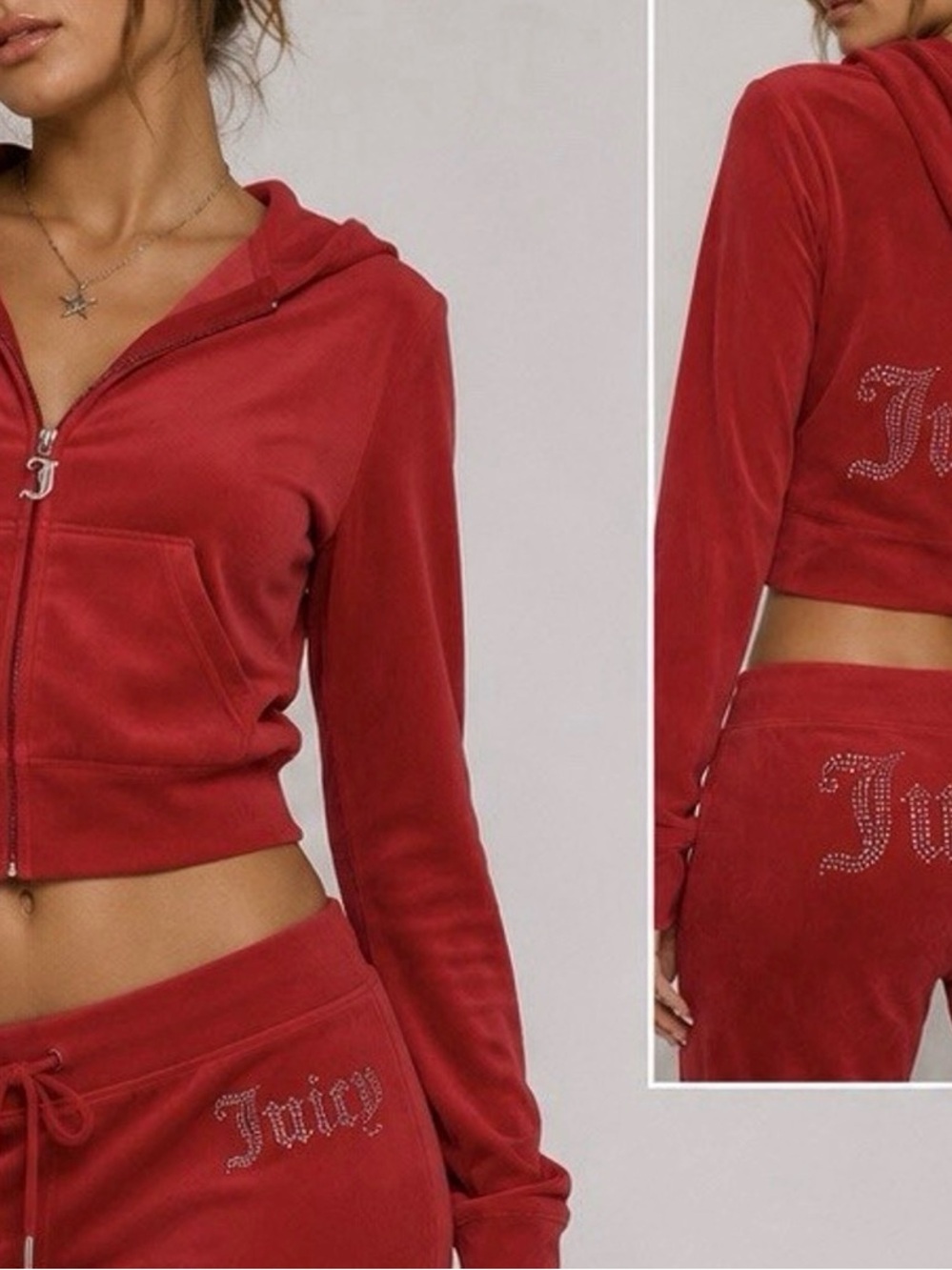 Juicy Couture Red Velour Cropped Zip Hoodie with Rhinestone Logo